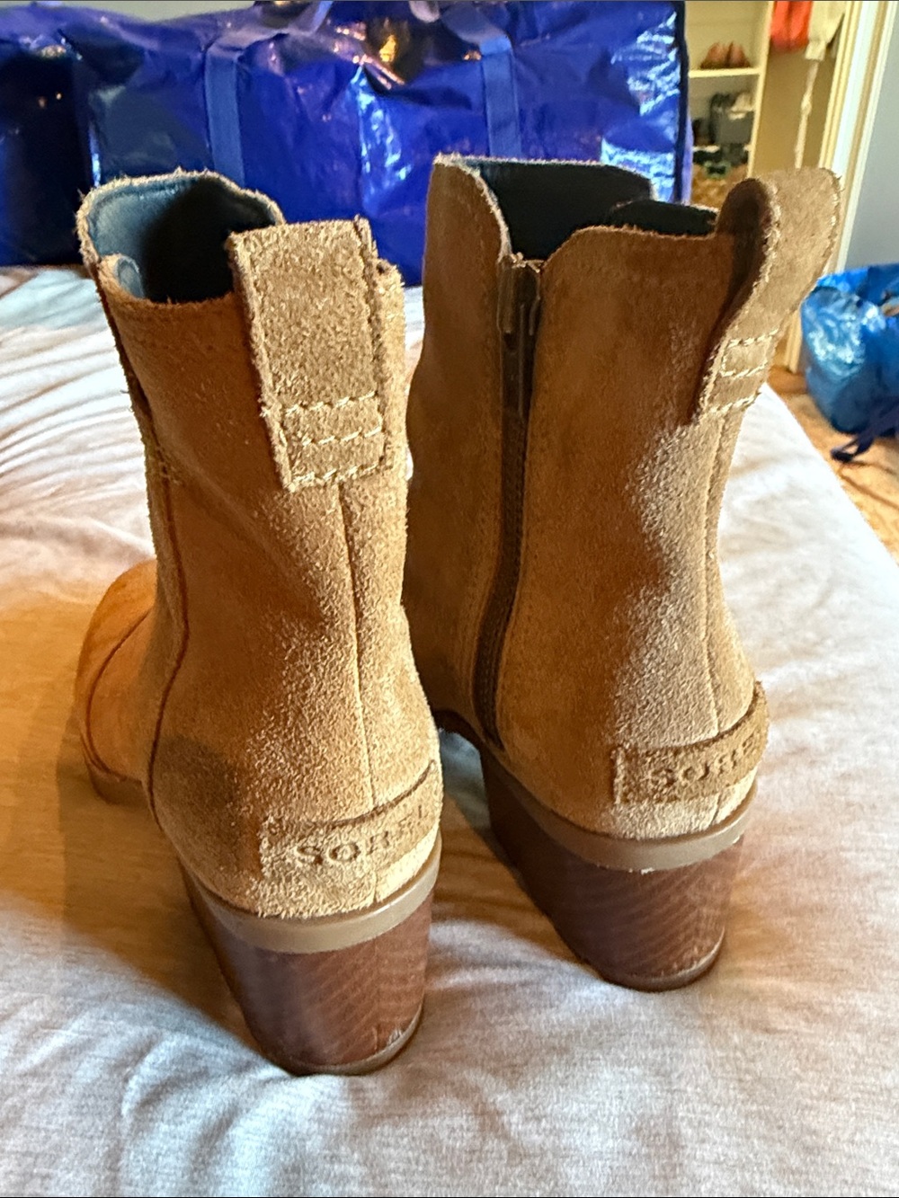 Sorel Tan Suede Ankle Booties with Stacked Heel